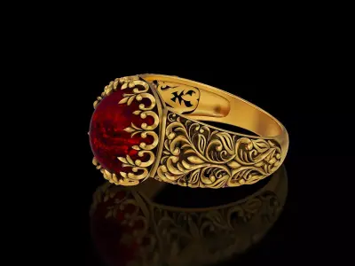 Oval stone antique filigree crown gold silver ring V2 3D print model