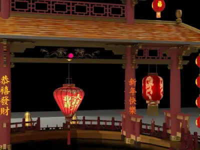Chinese ancient gate with red lanterns 3D model