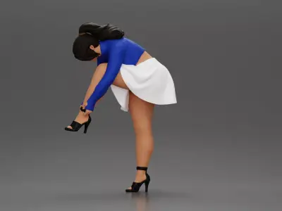 Young woman in skirt adjusts her elegant black high heeled shoes 3D print model