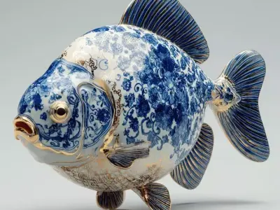 Blue and White Porcelain Fish Ornate Ceramic Gold Accents 3D Low-poly 3D model
