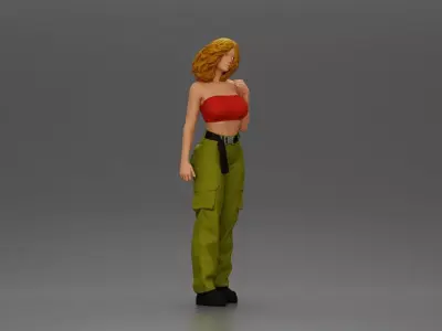 Urban dancer showcasing attitude in red tube top cargo pants 3D print model