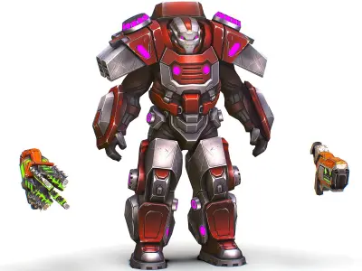 Cartoon Sci-Fi Cyborg Drone Heavy Machine Gunner Low-poly 3D model 5