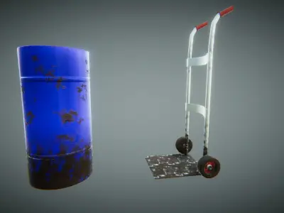 MetallicBarrel hand truck and barrel Low-poly 3D model