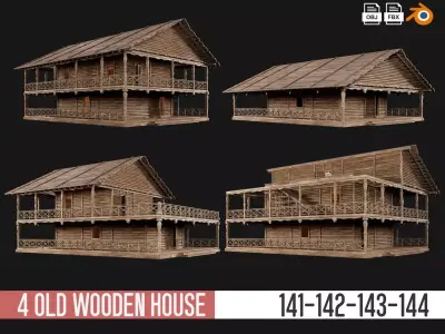 4 Old Wooden House Pack 4K Textures GameReady 141 to 144 Low-poly 3D model