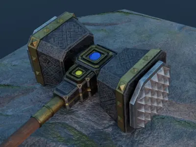 Low Poly Fantasy War Hammer on rock  Low-poly 3D model