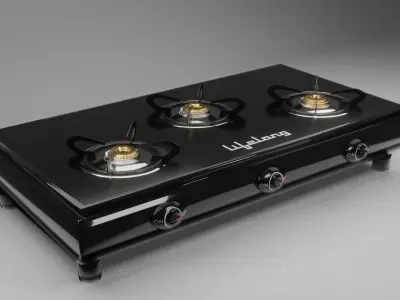 Gas Stove with 3 Burners Glass top glossy Low-poly 3D model