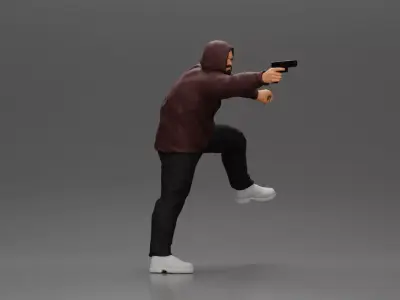 Hooded gangster man sits on motorcycle aiming a pistol 3D print model