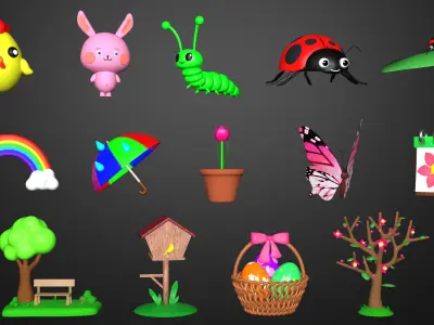 3D Spring Icons Set Low-poly 3D model