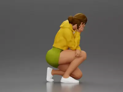 Performer crouching thoughtfully in jacket shorts white sneakers 3D print model