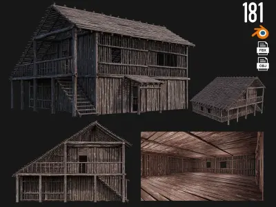 4 Old Wooden Buildings Pack 4K Textures GameReady 181 to 184 Low-poly 3D model