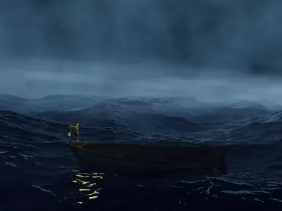 A boat in the middle of a storm in the ocean CGI 3D model