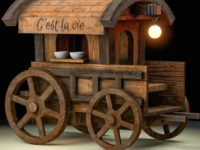 Carriage wooden cart with lights Low-poly 3D model