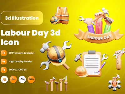 Labour Day 3d Illustration Icon Pack 3D model purchase