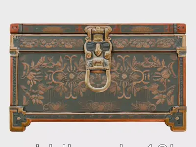 Oriental Treasure Chest with Delicate Floral Carvings and Bro... Low-poly 3D model
