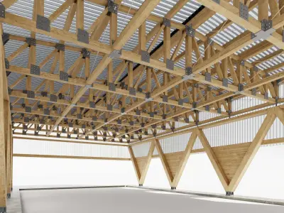 Industrial wooden truss hall - calculated 3D model