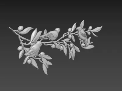 Olive branch with birds 3D model