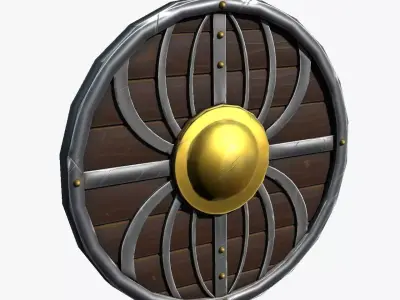 Stylized Brass Steel and Wood Round Shield Low-poly 3D model