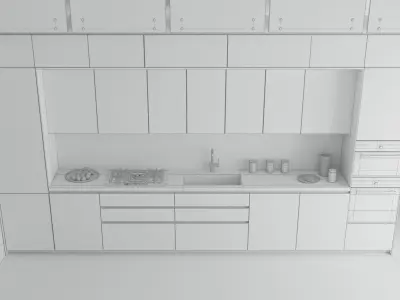 Linear Modern Kitchen blue and chrome with industrial staircase 3D model