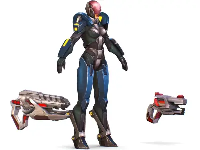 Woman Cyborg - Female Soldier with Rifle and Pistol Low-poly 3D model