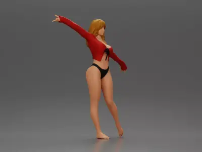 Golden dancer spins gracefully wearing red top and black 3D print model