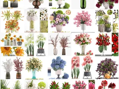 Collection of decorative bouquets of flowers in vases 39 pieces 3D model