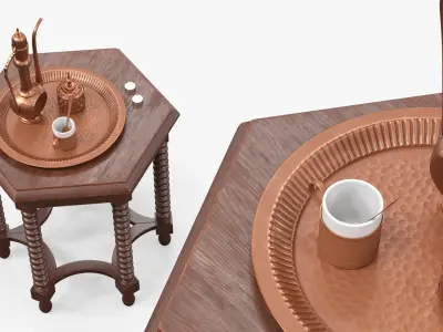 Vintage Arabic Bronze Coffee Service with Candles on Dark Wood Table 3D model