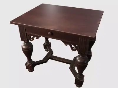 Antique vintage wooden writing desk with carved legs and drawer 3D model