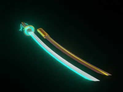 3d katana model with blue trim for game assets Low-poly 3D model