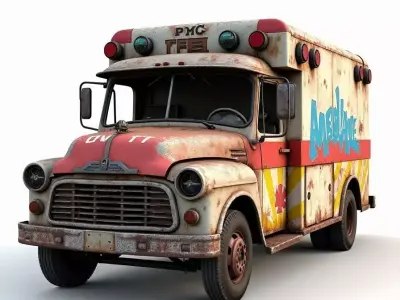 Vintage Rusted Ambulance 3D Model Post Apocalyptic Prop Low-poly 3D model