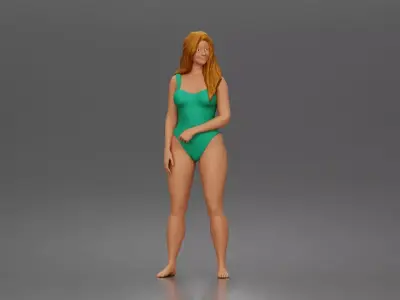 Woman stands wearing one piece swimsuit relaxed at beach 3D print model