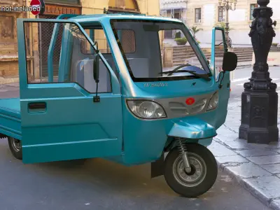 Asian Delivery Trike with Open Body Blue Rigged 3D model