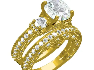 Antique Three Stone Art Deco Engagement Ring with Band 3D print model