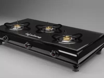 Gas Stove with 3 Burners Glass top glossy Low-poly 3D model
