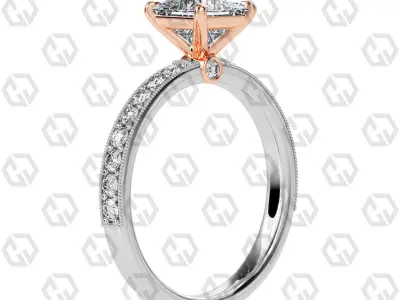 Ring 168 Princess Shape milgrain pave set ring with Gems 3D print model