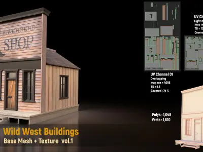 7 Wild West Buildings Base Mesh and Texture   vol 01 Low-poly 3D model