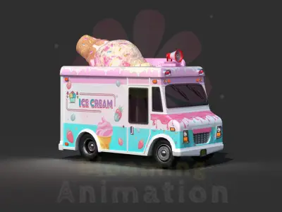 Low Poly Game Ready Ice-Cream Truck with PBR textures Low-poly 3D model