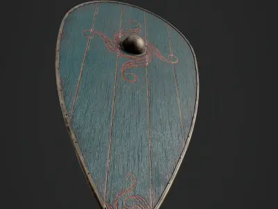 Slavic kite wooden shield-painted blue with spiral symbol Low-poly 3D model