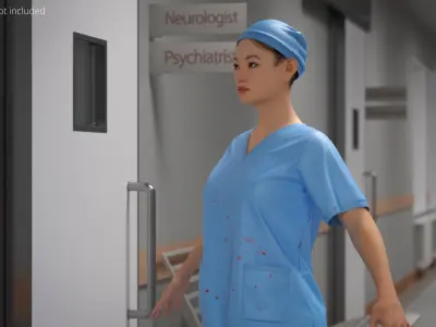  Emergency Nurse Figure Blood Stains T Pose Blue Fur Rigged 