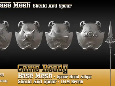 70 Base Mesh Vol 2 Sheild and Spear Game Ready Low-poly 3D model