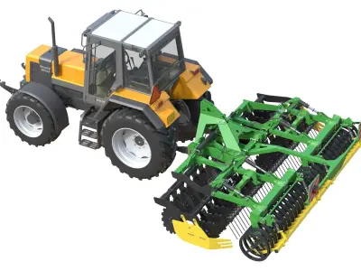Renault 160-94 Tractor and Compact Disc Harrow Low-poly 3D model
