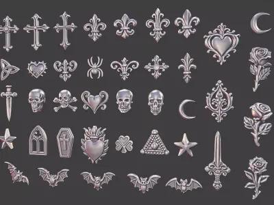 set of 40 Gothic 3D Elements for Jewelry Game Design  3D print model