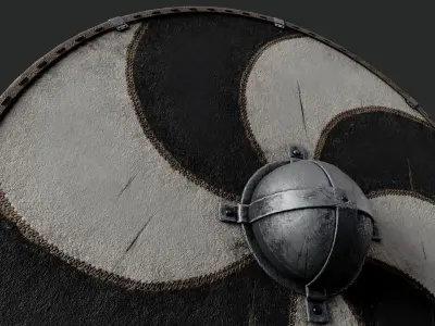Slavic round leather shield-painted black and white sun wheel Low-poly 3D model