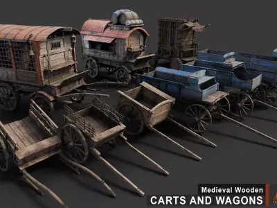 Medieval Wooden Carts and Wagons pack Low-poly 3D model