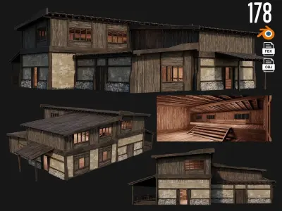 4 Old Buildings Pack 4K Textures GameReady 177 to 180 Low-poly 3D model