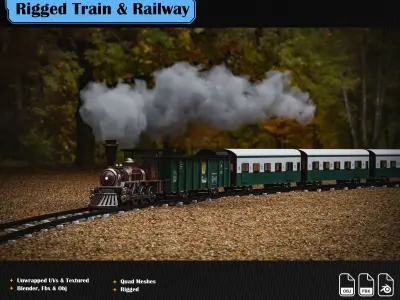 Rigged Train and Procedural Railway Low-poly 3D model