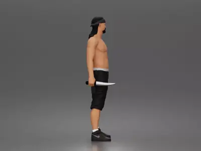 gangster stands holding knife wearing shorts sneakers headband 3D print model