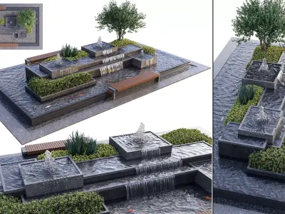 Landscaping Figure with Plants Waterfalls and Fish 2 3D model
