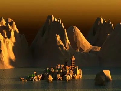 Low poly castle on a rock island Low-poly 3D model