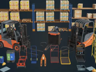 Cargo Pallets and Forklift Trucks Collection All PBR Textures 3D Model Pack