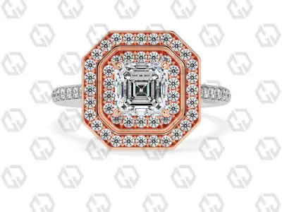 Ring 201 Asscher Shape Cathedral Double Halo pave set with Gems 3D print model